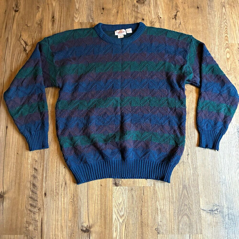 Campus Men's XL Geometric Knit Crew Neck Pullover Sweater Blue Green Purple